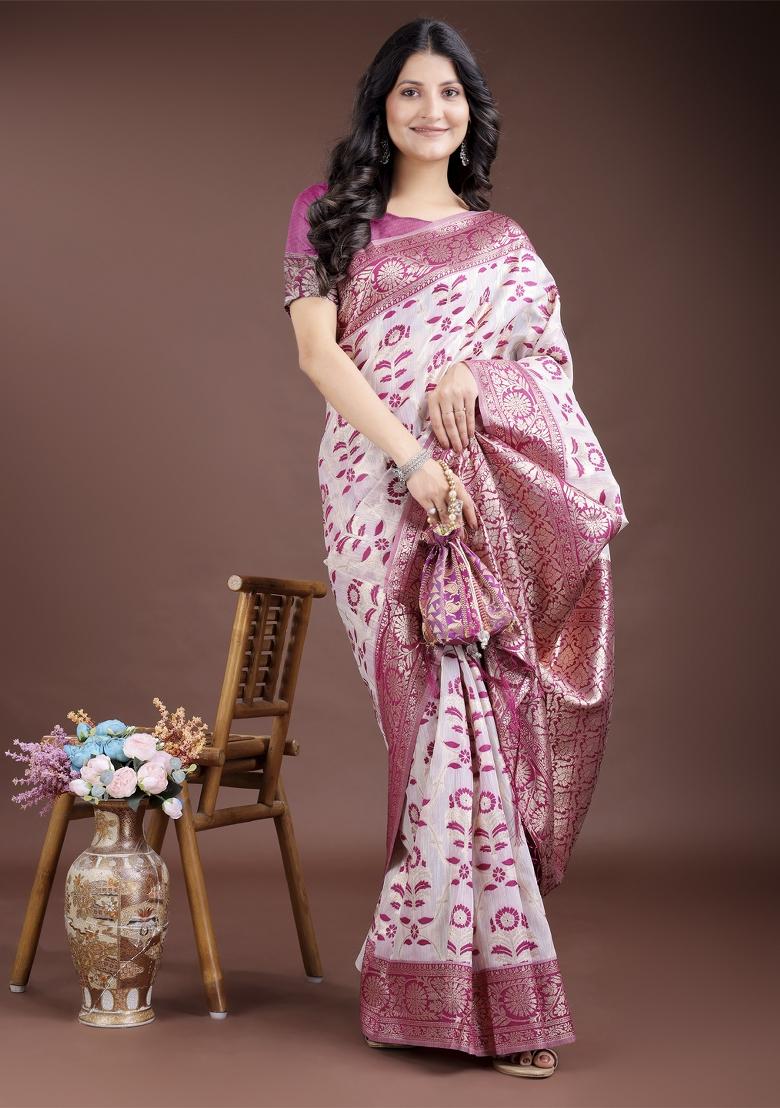 Purple Zari Work Cotton Blend Saree Set