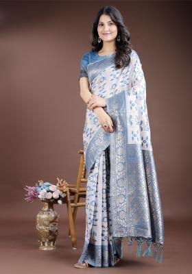 Sky Blue Zari Work Cotton Blend Saree Set