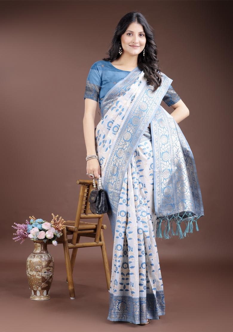 Sky Blue Zari Work Cotton Blend Saree Set