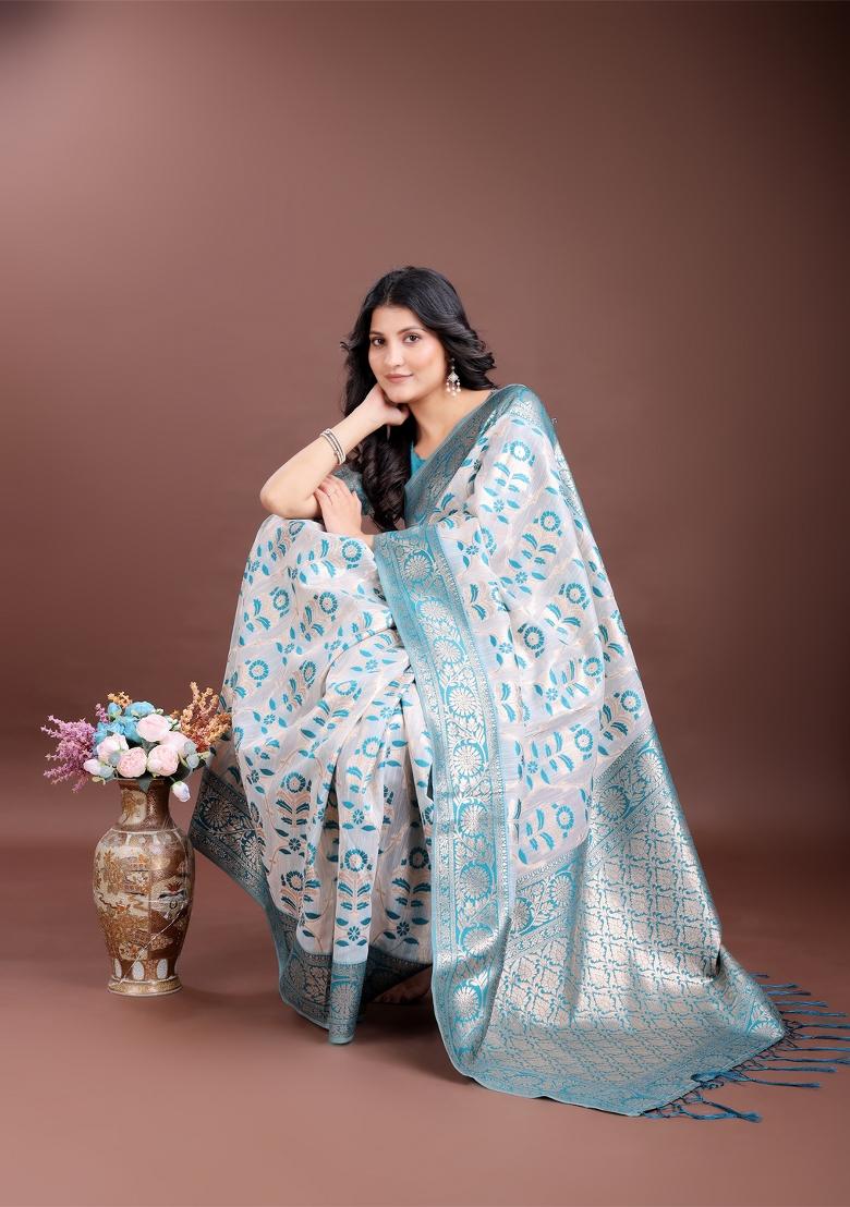 Sea Green Zari Work Cotton Blend Saree Set