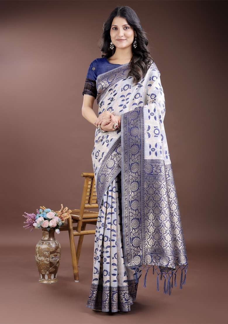 Navy Blue Zari Work Cotton Blend Saree Set - Indya