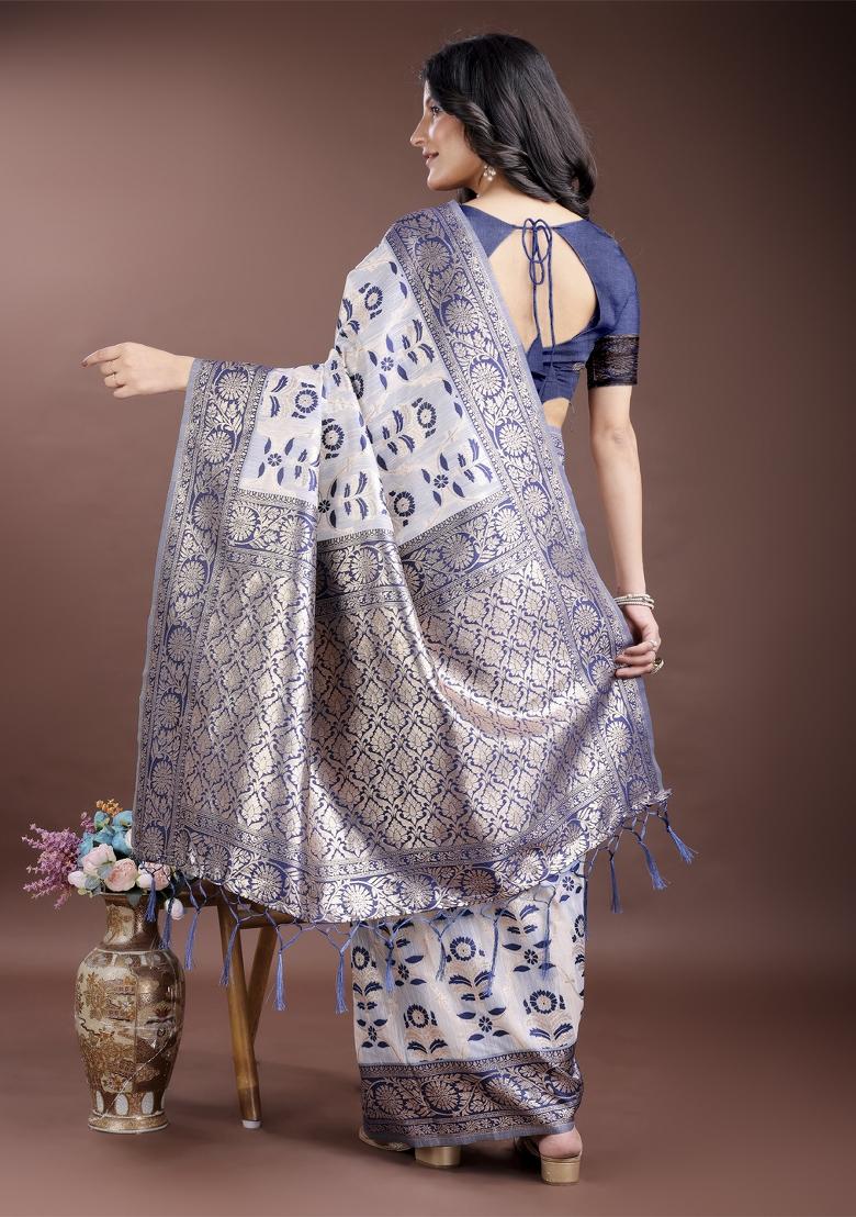 Navy Blue Zari Work Cotton Blend Saree Set