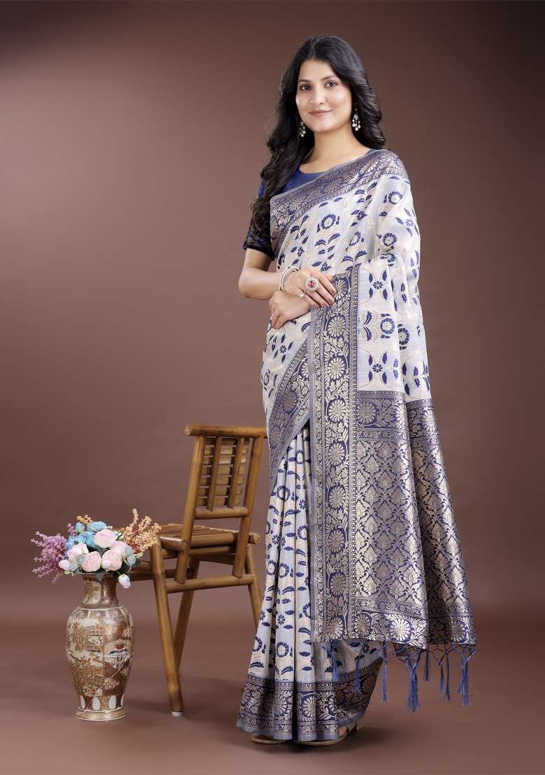 Navy Blue Zari Work Cotton Blend Saree Set - Indya