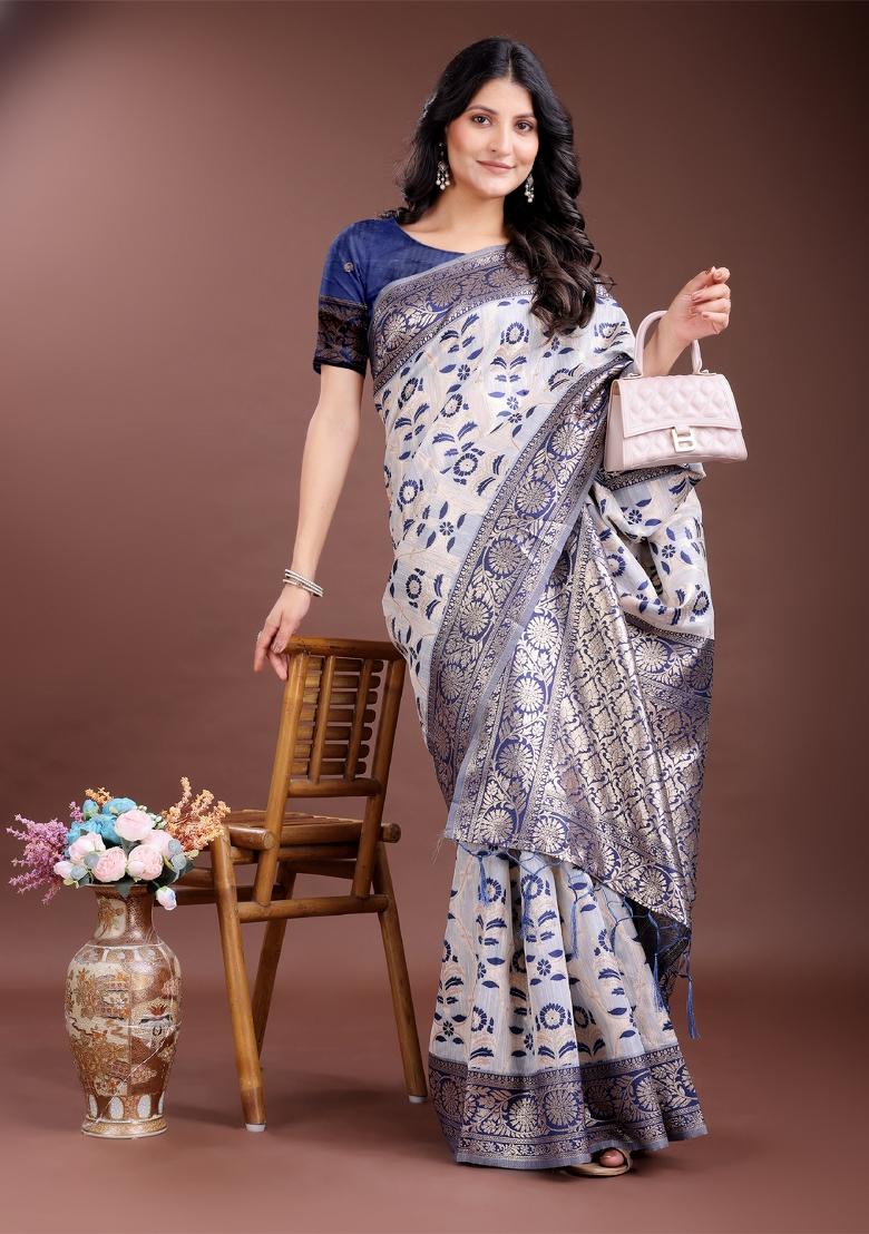 Navy Blue Zari Work Cotton Blend Saree Set