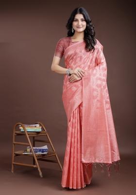 Peach Zari Work Cotton Blend Saree Set