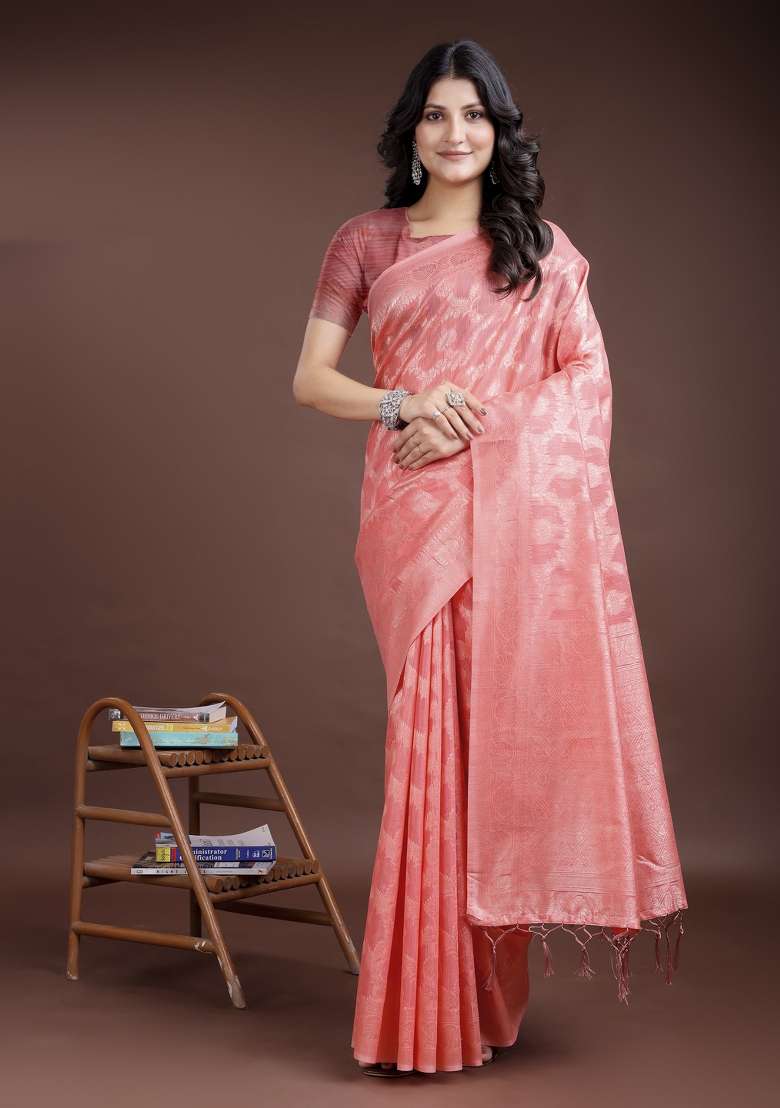 Peach Zari Work Cotton Blend Saree Set - Indya