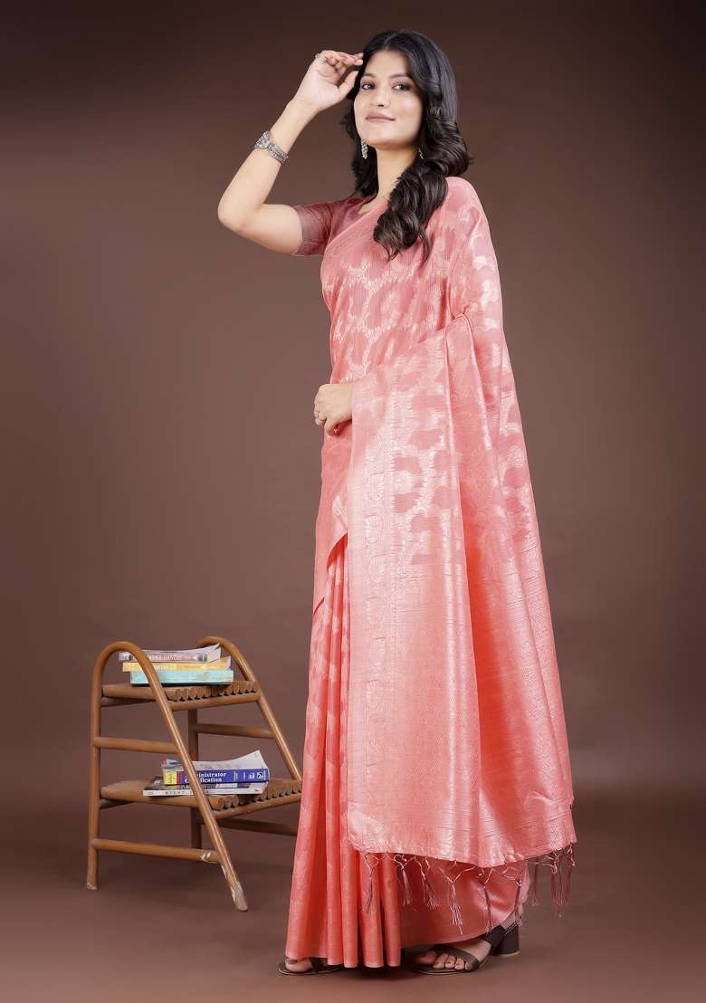 Peach Zari Work Cotton Blend Saree Set - Indya