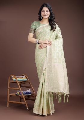 Light Green Zari Work Cotton Blend Saree Set