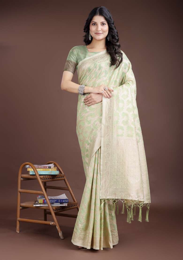 Light Green Zari Work Cotton Blend Saree Set - Indya