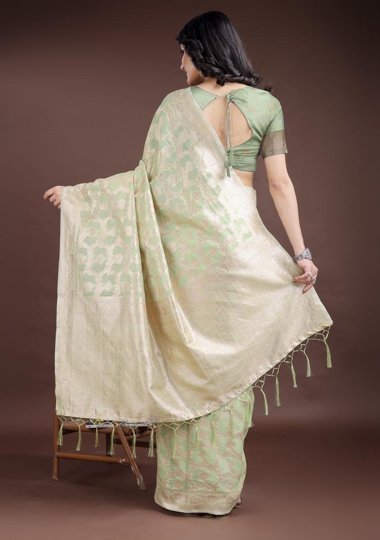 Light Green Zari Work Cotton Blend Saree Set