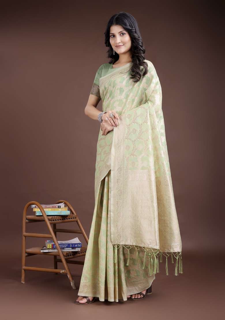 Light Green Zari Work Cotton Blend Saree Set - Indya