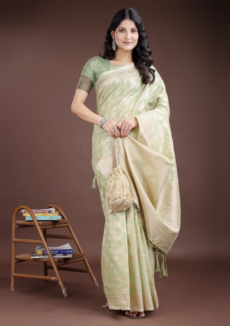 Light Green Zari Work Cotton Blend Saree Set