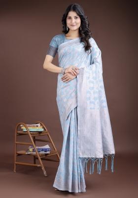 Sky Blue Zari Work Cotton Blend Saree Set