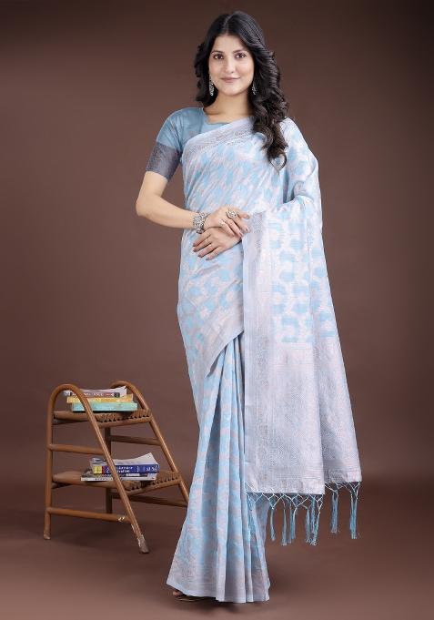 Sky Blue Zari Work Cotton Blend Saree Set