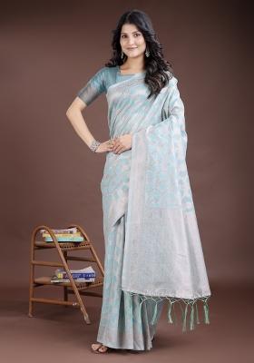 Sea Green Zari Work Cotton Blend Saree Set
