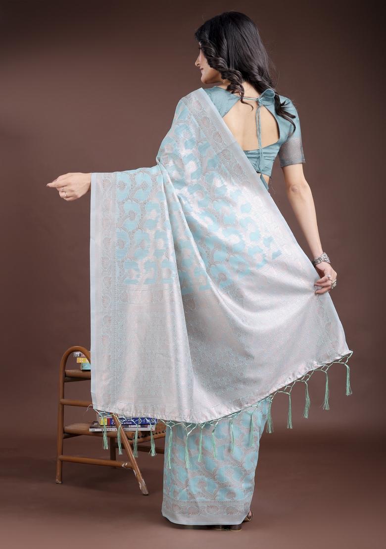 Sea Green Zari Work Cotton Blend Saree Set