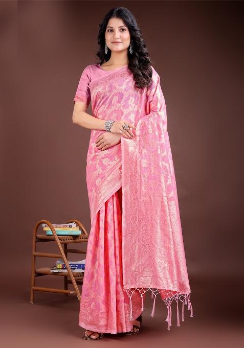 Pink Zari Work Cotton Blend Saree Set