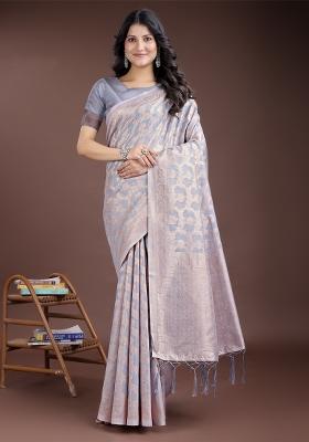 Grey Zari Work Cotton Blend Saree Set