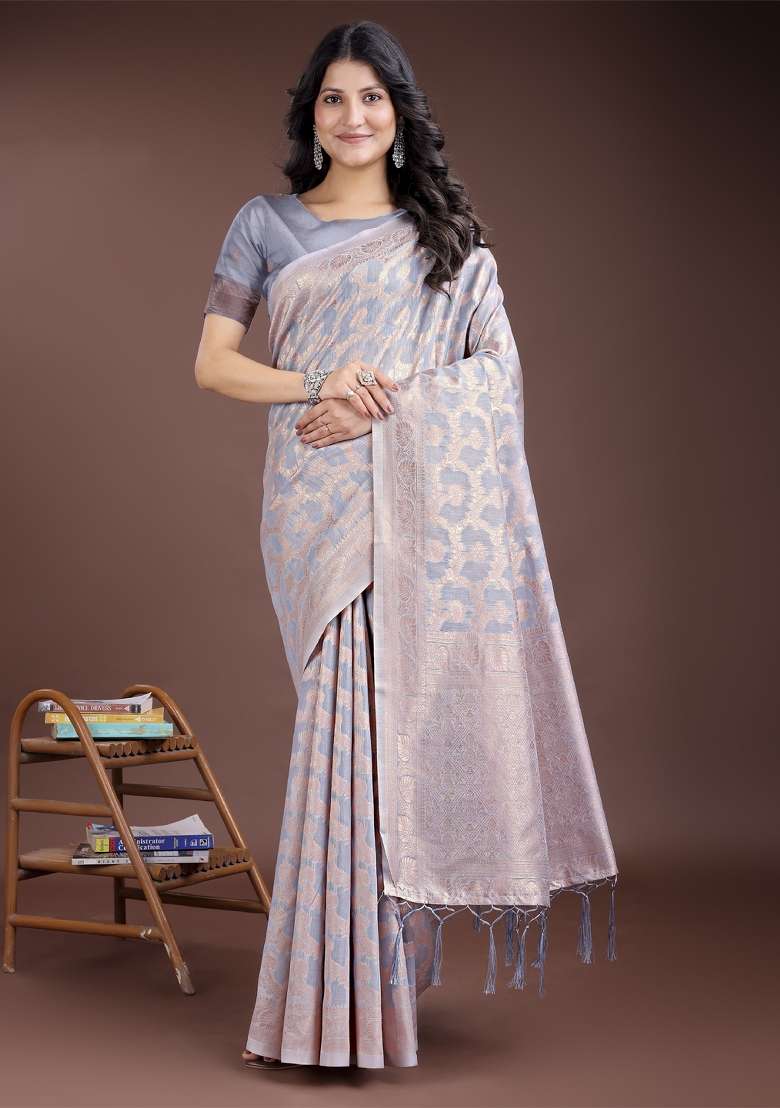 Grey Zari Work Cotton Blend Saree Set - Indya