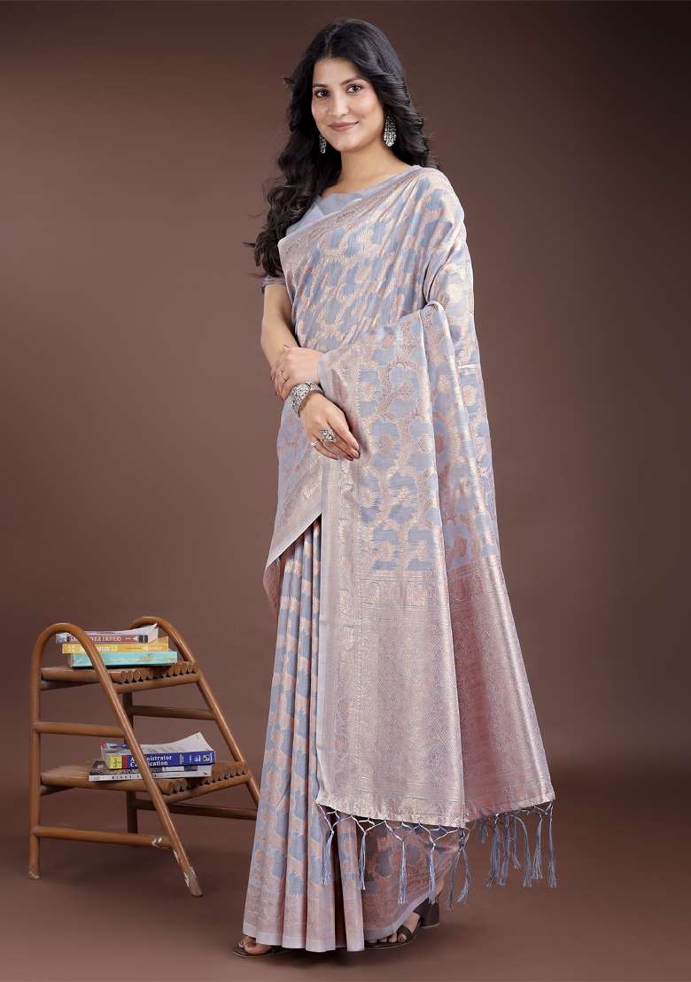 Grey Zari Work Cotton Blend Saree Set - Indya