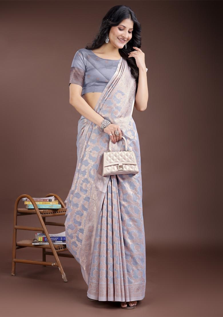 Grey Zari Work Cotton Blend Saree Set