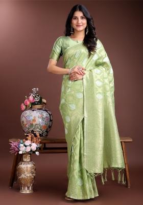 Light Green Zari Work Cotton Blend Saree Set