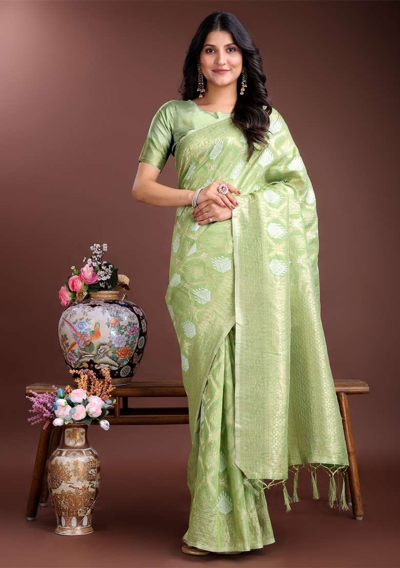 Light Green Zari Work Cotton Blend Saree Set - Indya