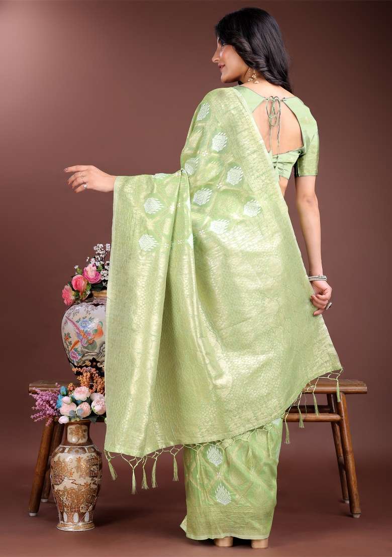 Light Green Zari Work Cotton Blend Saree Set - Indya