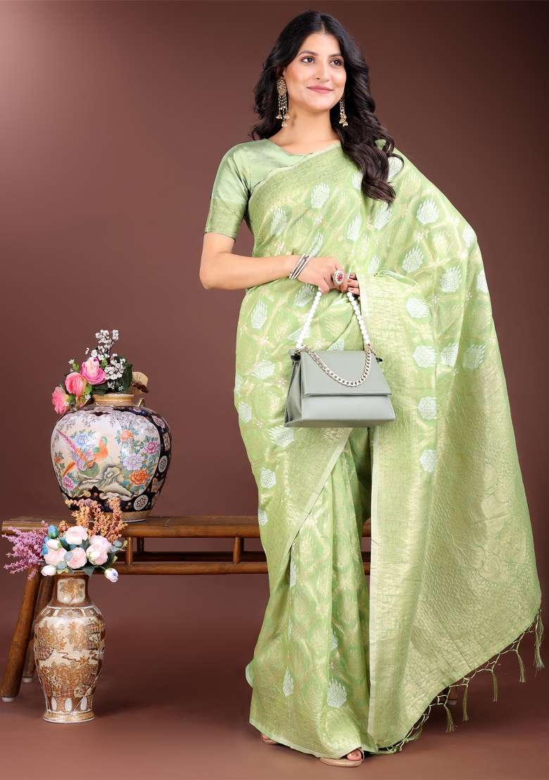 Light Green Zari Work Cotton Blend Saree Set - Indya