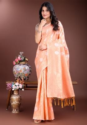 Orange Zari Work Cotton Blend Saree Set