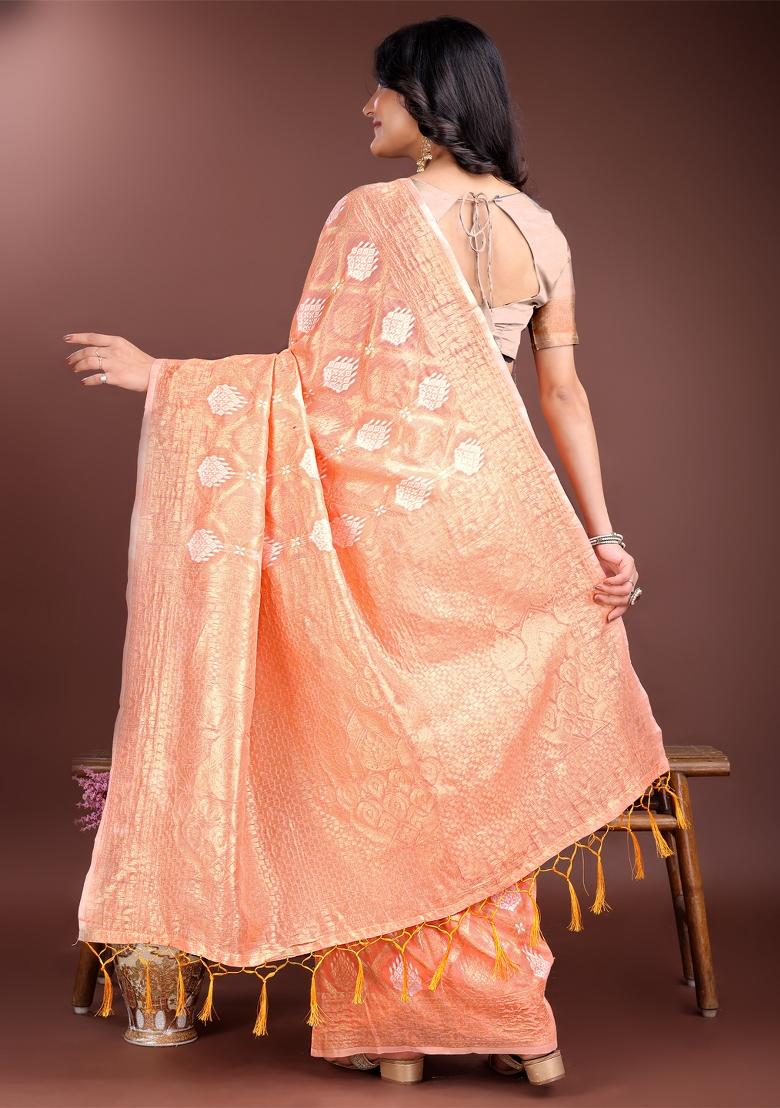 Orange Zari Work Cotton Blend Saree Set