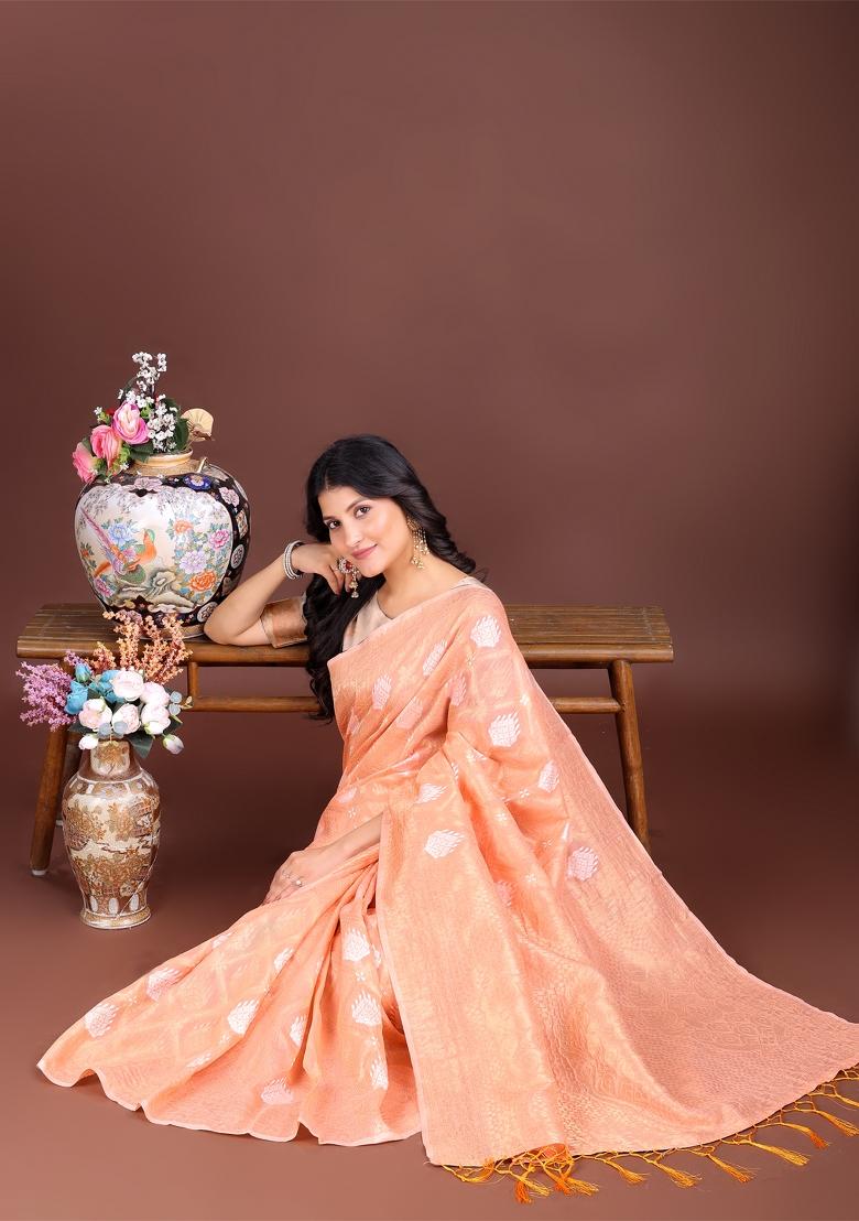 Orange Zari Work Cotton Blend Saree Set