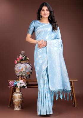 Sky Blue Zari Work Cotton Blend Saree Set