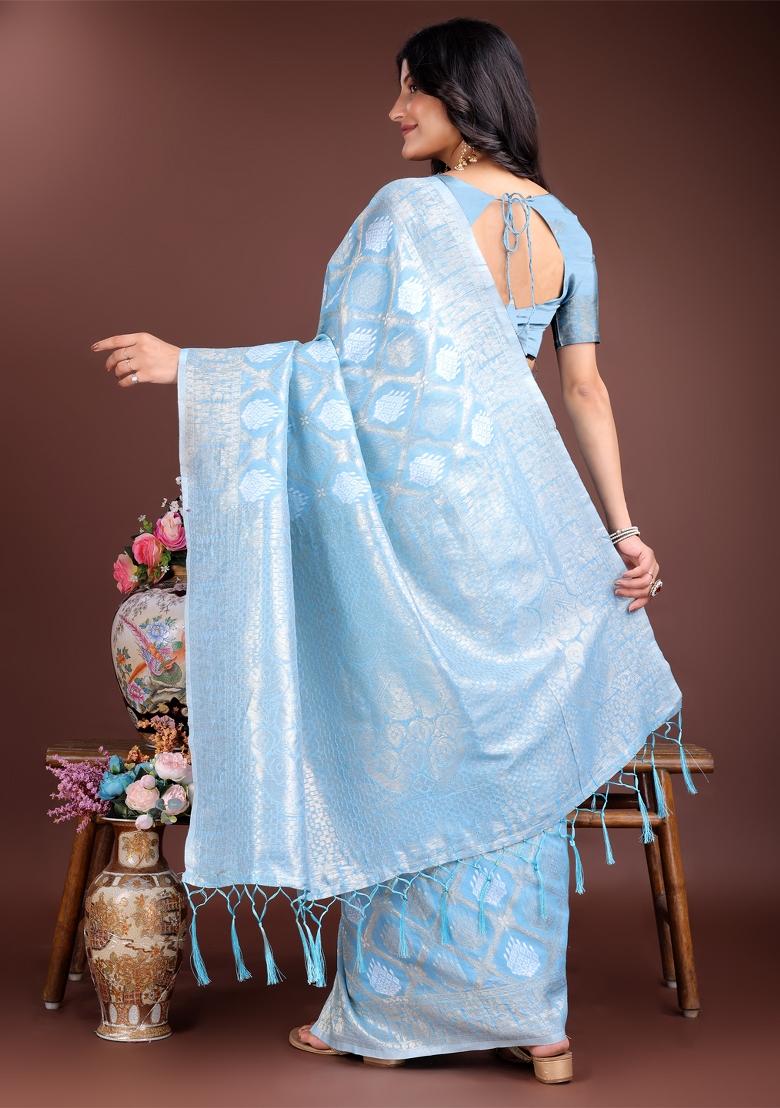 Sky Blue Zari Work Cotton Blend Saree Set