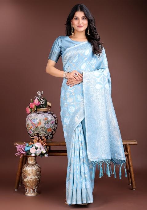 Sky Blue Zari Work Cotton Blend Saree Set