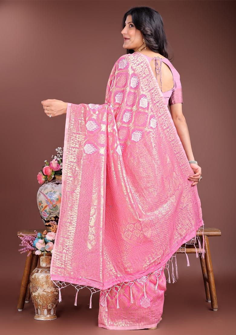 Pink Zari Work Cotton Blend Saree Set