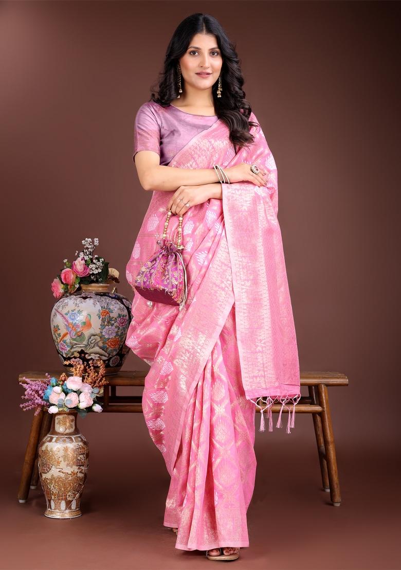 Pink Zari Work Cotton Blend Saree Set