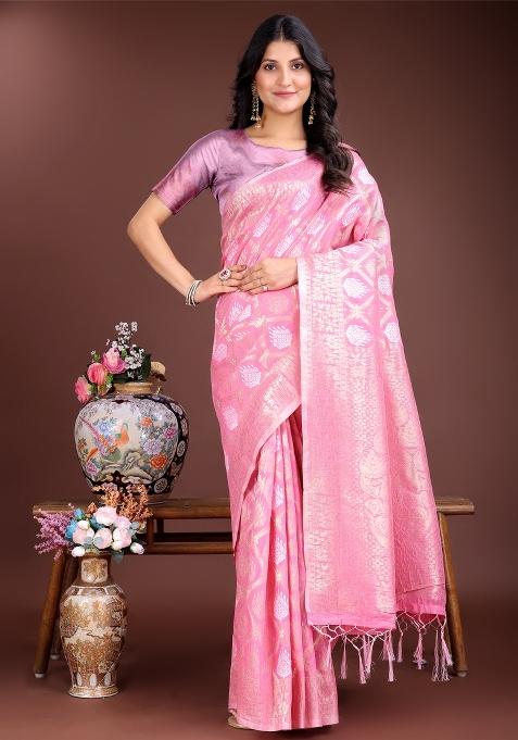 Pink Zari Work Cotton Blend Saree Set