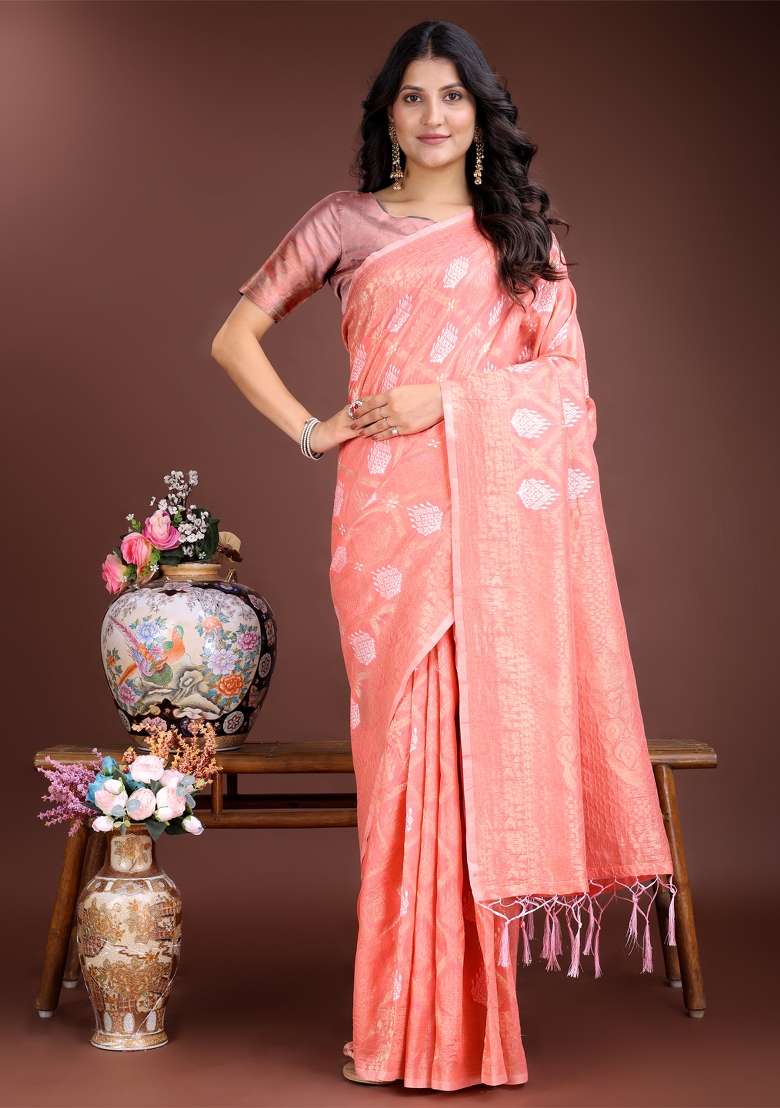 Peach Zari Work Cotton Blend Saree Set - Indya