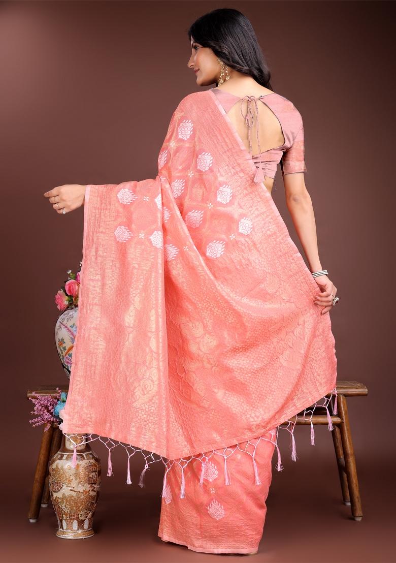 Peach Zari Work Cotton Blend Saree Set