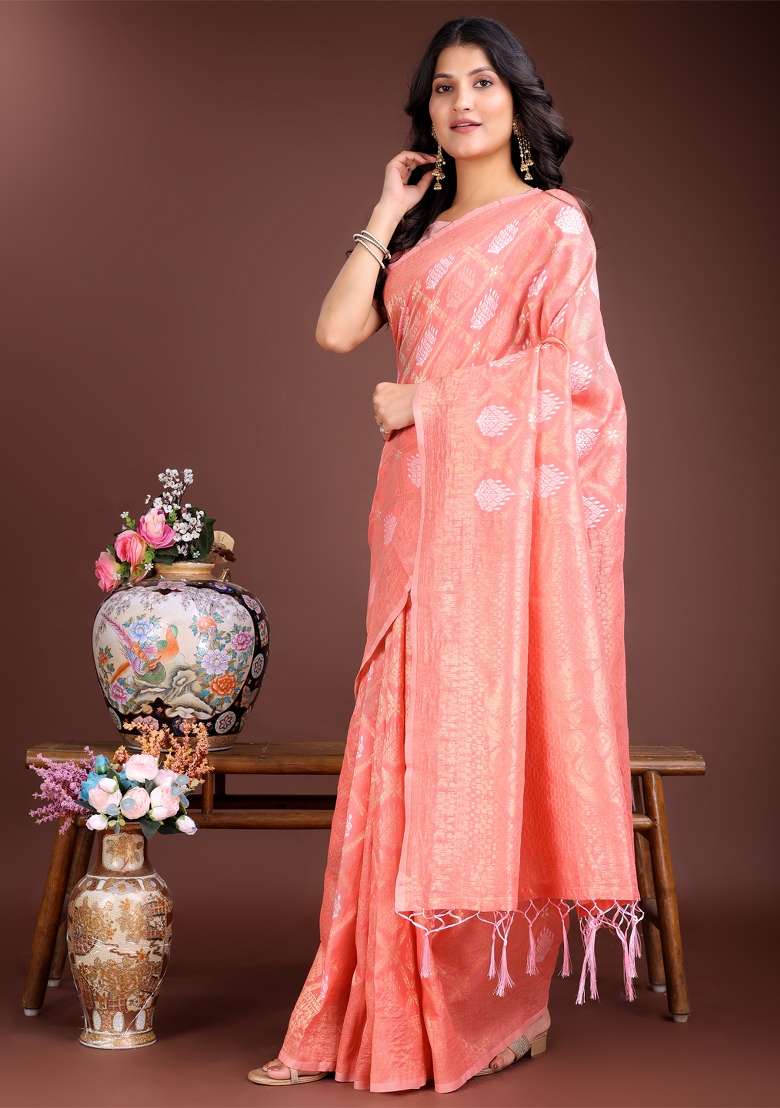 Peach Zari Work Cotton Blend Saree Set - Indya