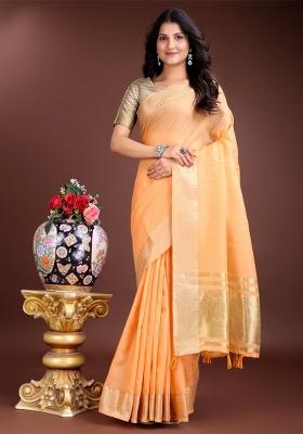 Orange Zari Work Cotton Blend Saree Set