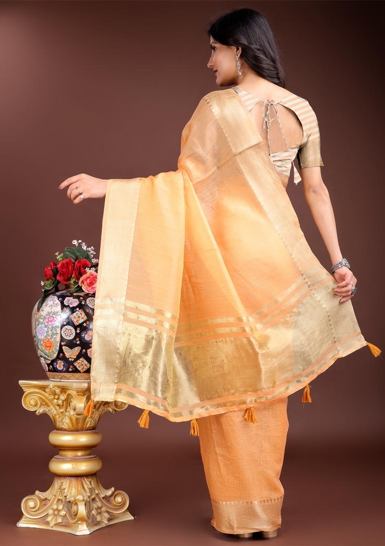 Orange Zari Work Cotton Blend Saree Set