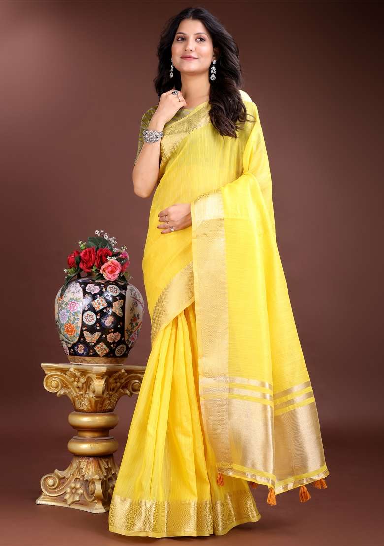 Yellow Zari Work Cotton Blend Saree Set - Indya