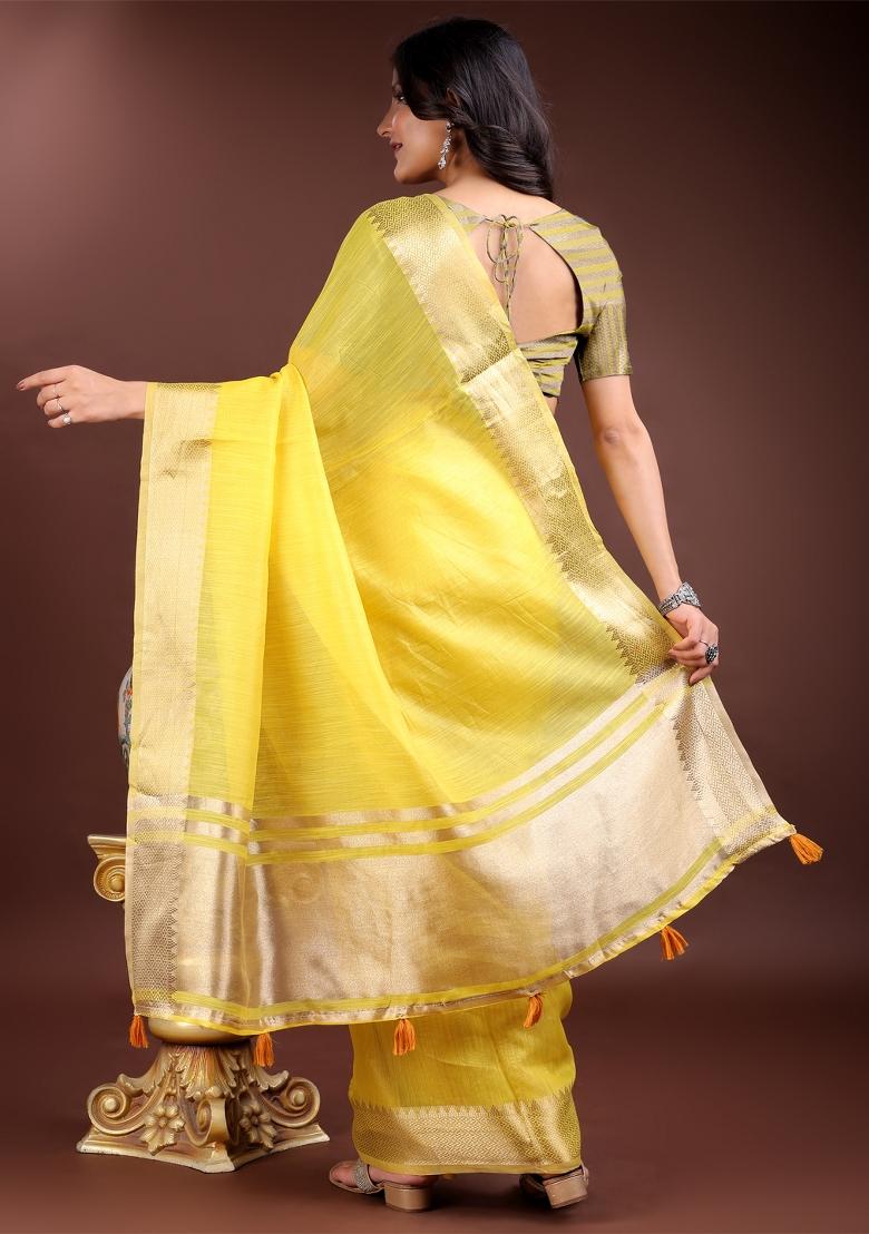 Yellow Zari Work Cotton Blend Saree Set