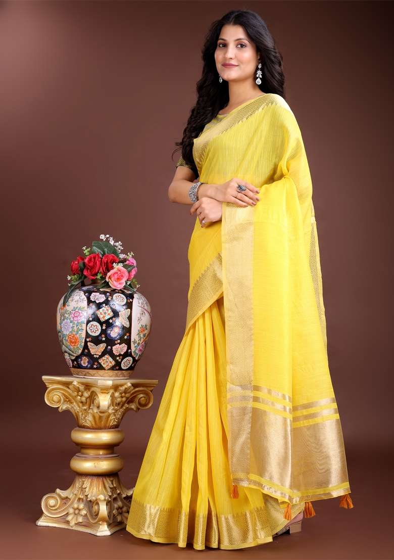 Yellow Zari Work Cotton Blend Saree Set - Indya