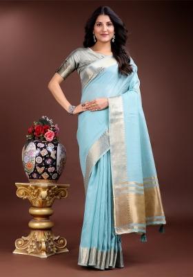 Sky Blue Zari Work Cotton Blend Saree Set