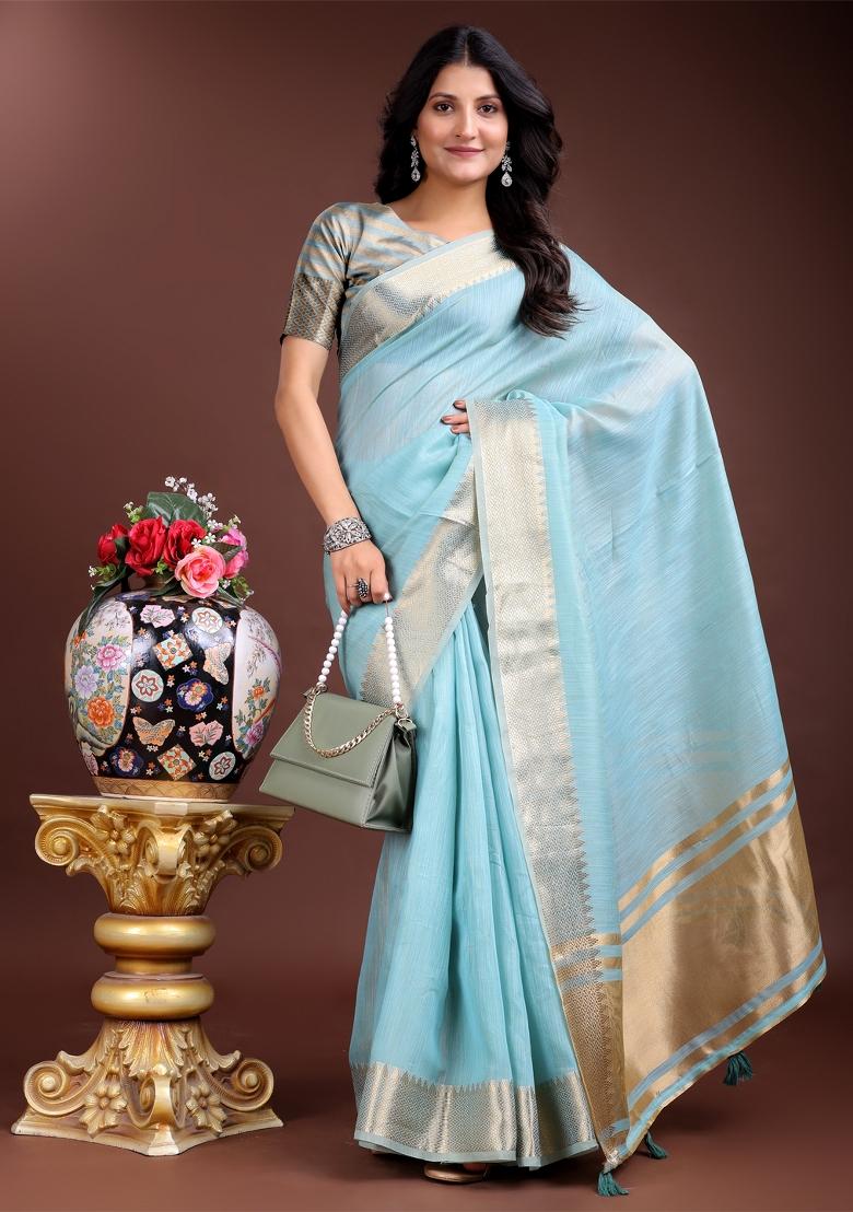 Sky Blue Zari Work Cotton Blend Saree Set