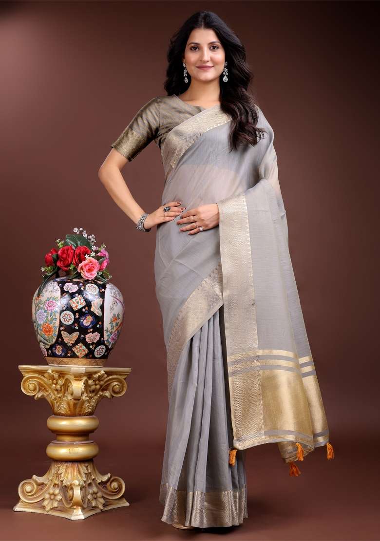Grey Zari Work Cotton Blend Saree Set - Indya