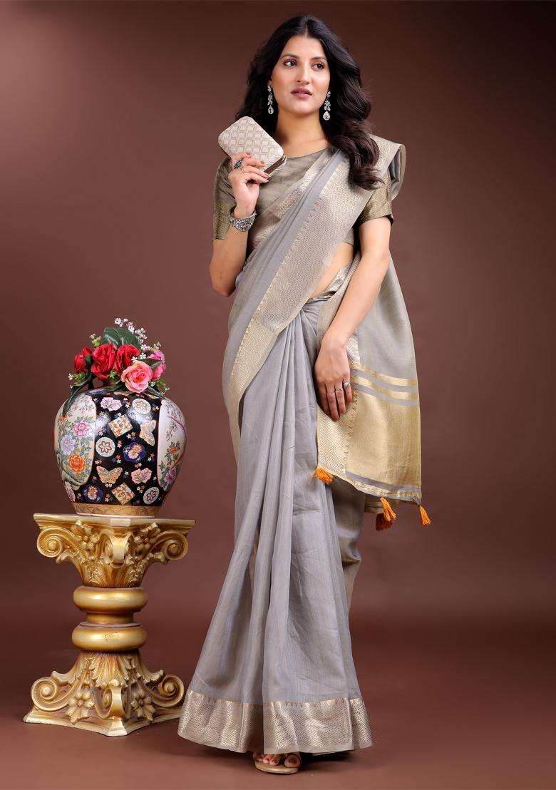 Grey Zari Work Cotton Blend Saree Set